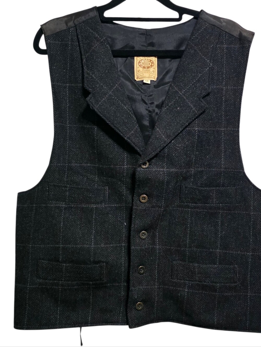 Vtg Wah Maker Frontier Wool XL Black Windowpane Plaid Western Tailored Vest